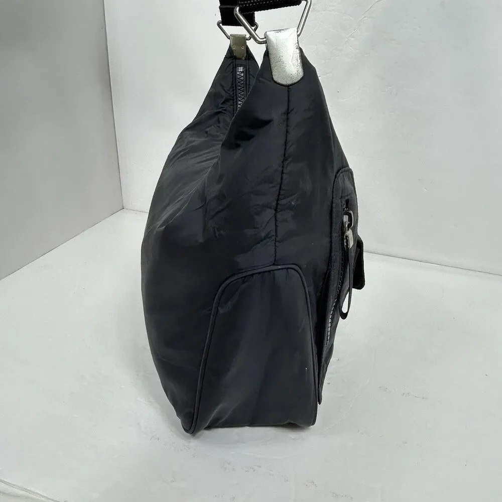 Vintage Y2K Ralph Lauren LRL Hobo Bag Black Nylon Shoulder Handbag Front Buckle